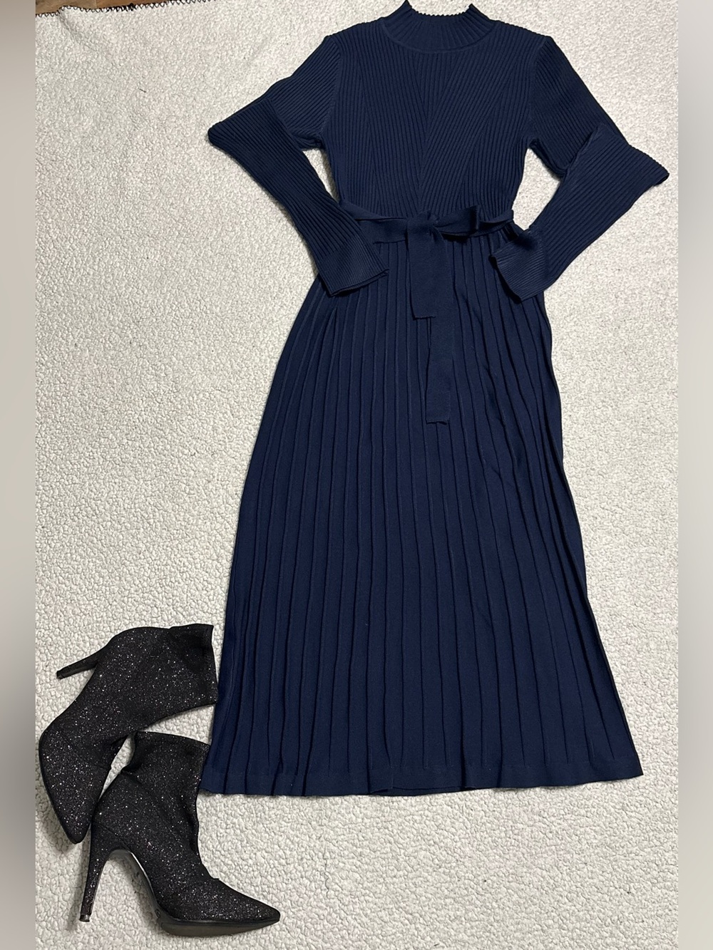 SHEIN Navy Ribbed Knit Long Sleeve Midi Dress with Self Tie Belt